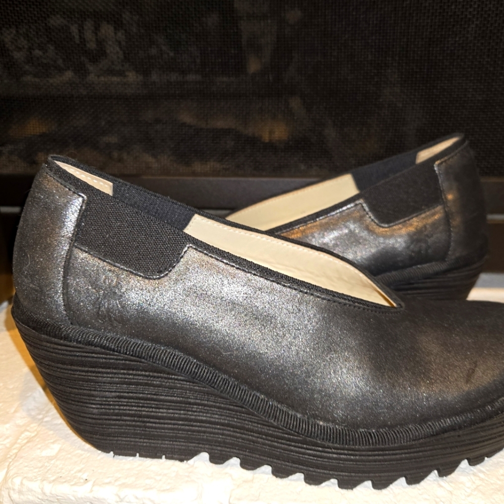 Fly London, Stylish Black Wedge Comfort Shoes, Size 7